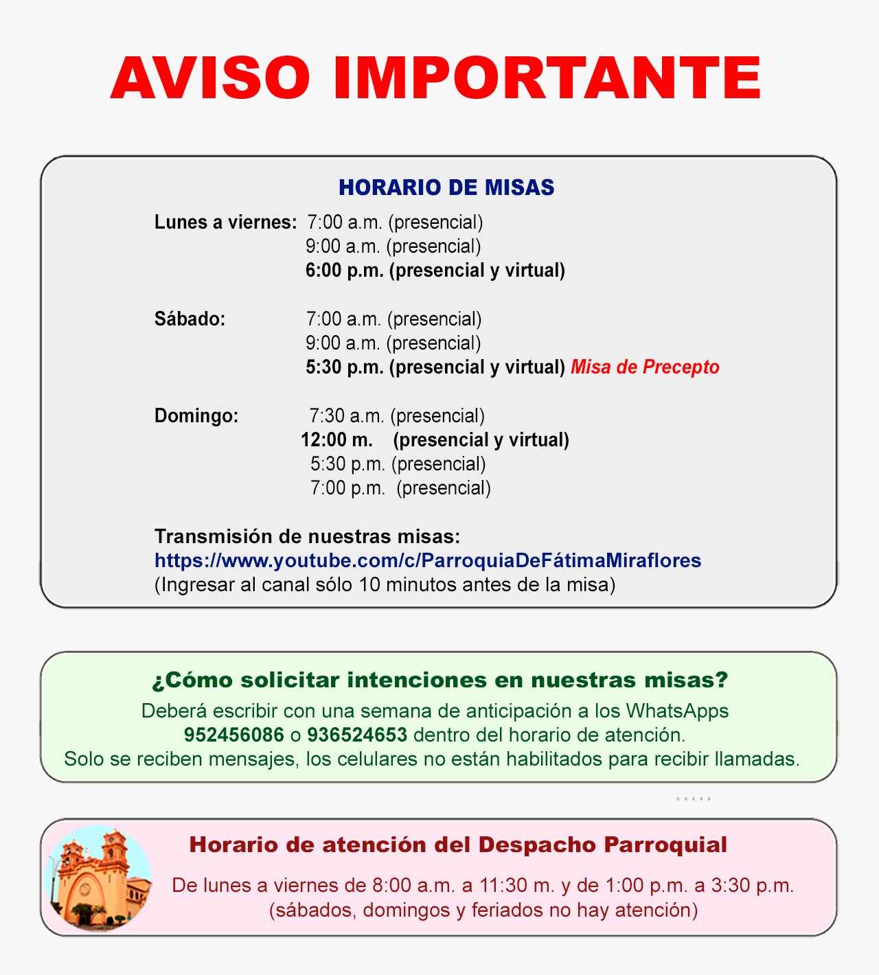 Nuevos horarios para nuestras misas